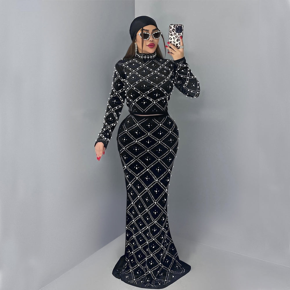 C7618 cross-border   fashion women's elegance hot diamond bubble beads tops long skirt two-piece set