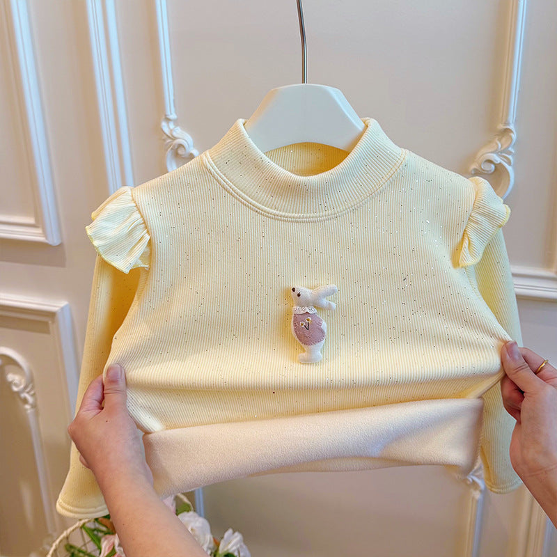New autumn/winter korean style girls' fleece-lined thickened sweatshirt base layer long sleeve baby girl trendy kids' cotton clothing