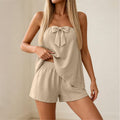 spring/summer cross-border fashion  women's bandeau solid color bow elegant ice silk crinkle vacation style set