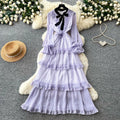 French sweet polka dot long sleeve tiered dress - women's autumn bow ruffle cake dress - unique designer style