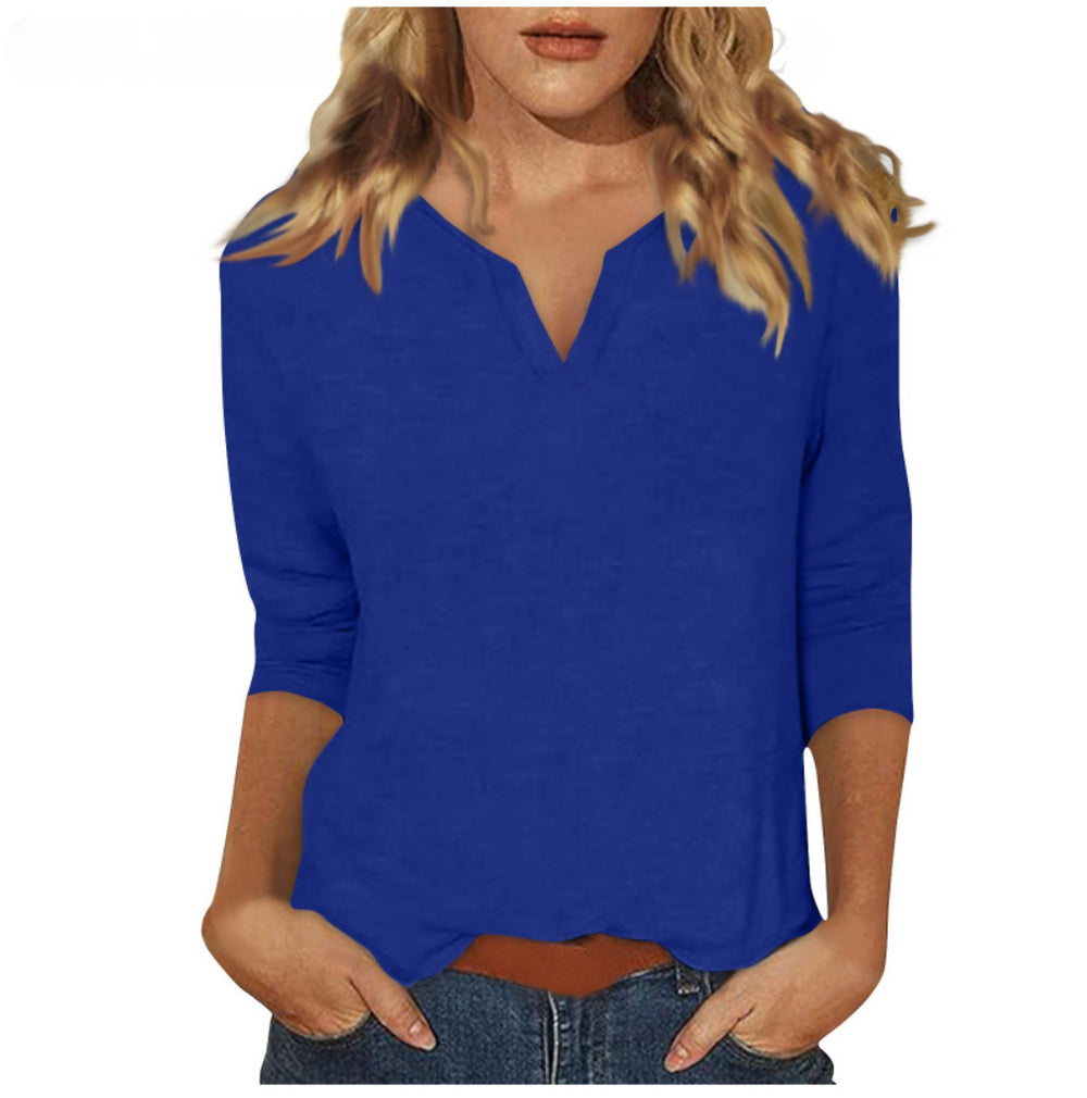 cross-border women's v-neck 3/4 sleeve solid color t-shirt top