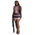European and american style export fashion gradient women's micro-sheer slim-fit stand collar bodycon skirt color block long sleeve summer mini dress