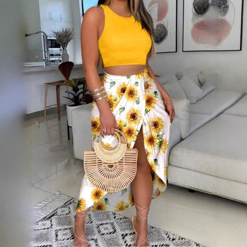 Amazon fashion cross-border women's sleeveless short tops + slit skirt two-piece suit