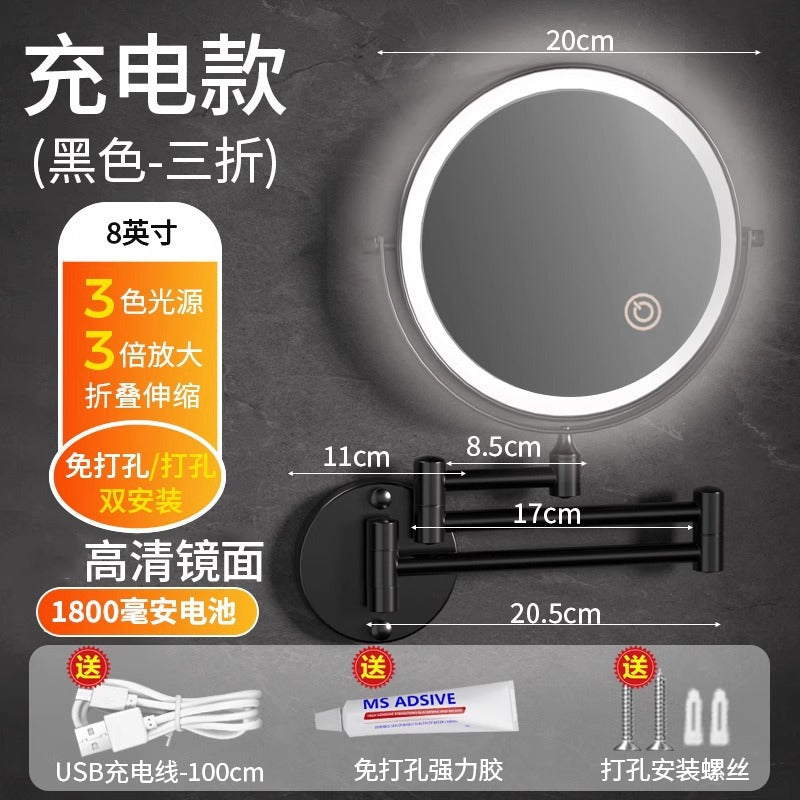 Toilet mirror folding non-punching hotel bathroom cosmetic mirror wall hanging telescopic double-sided LED beauty mirror with lamp