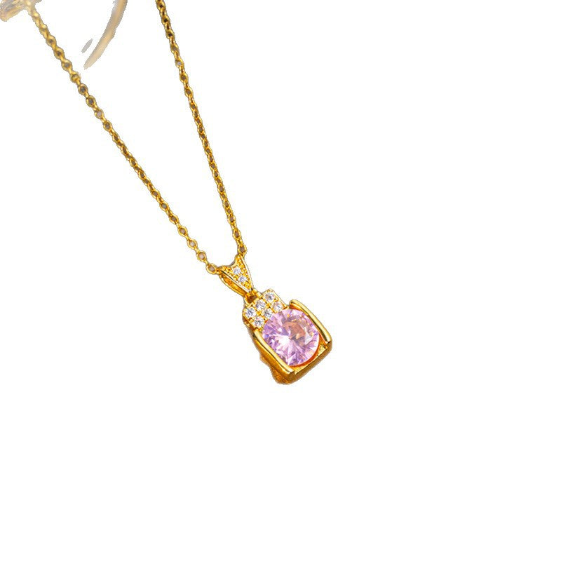 [set] new pink zircon titanium steel necklace women's earrings light luxury high-end light luxury earrings clavicle chain jewelry