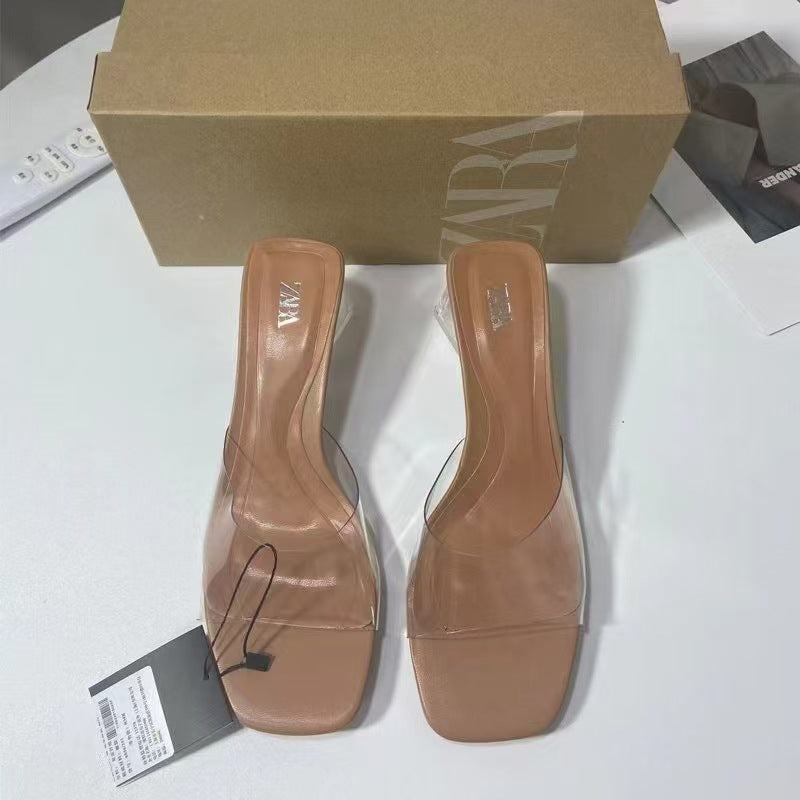 Za summer new chunky heel women's shoes square toe ankle strap high heels women's pvc open toe slingback glass heel sandals