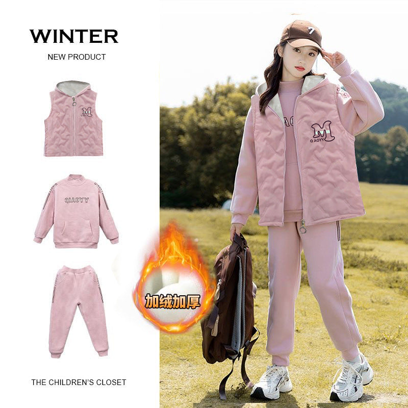 Girls' fall/winter hooded three-piece set, big girls' cotton-padded outfit,  new stylish children's winter clothes, thickened cotton-padded jacket