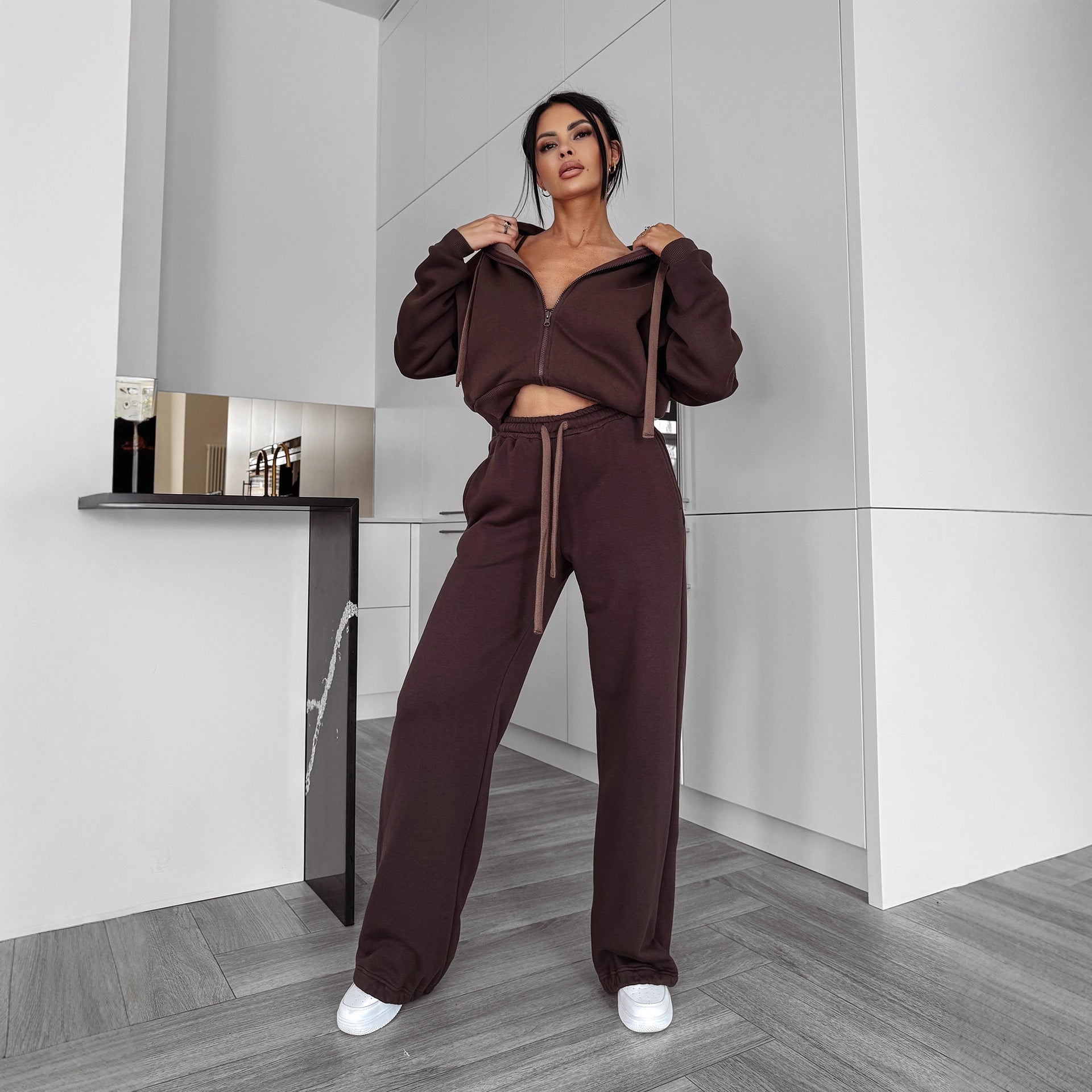 European and American  sports suit long-sleeved zipper cardigan hooded sweater lace-up trousers two-piece set