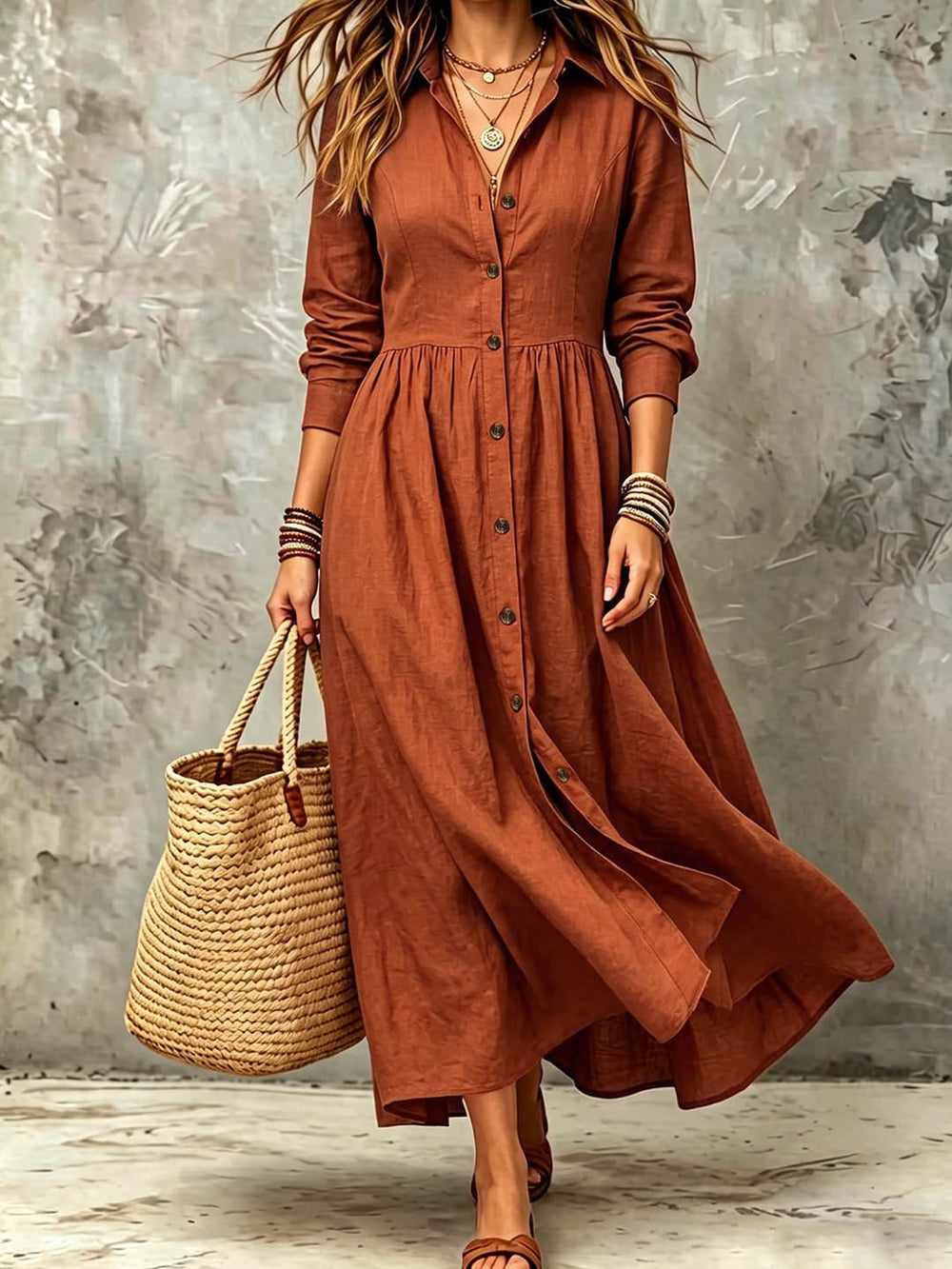 Plus size women's vintage shirt dress - long sleeve, button-down, notched collar, buttoned waist, pleated, flowy, loose fit, vacation style