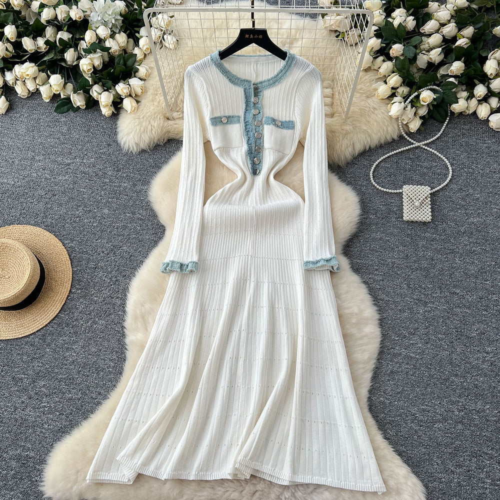 cross-border fashionfall and winternew arrivalfashion round neck denim patchworkknittinglong sleevesdress a-line skirt for women