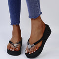 Aliexpress cross-border plus size platform slippers women's minimalist butterfly rhinestone wedge flip-flops women's sizes 36-42
