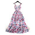 French riviera style printed cami dress - women's summer high-waisted a-line dress - slimming ruffle hem elegant maxi dress