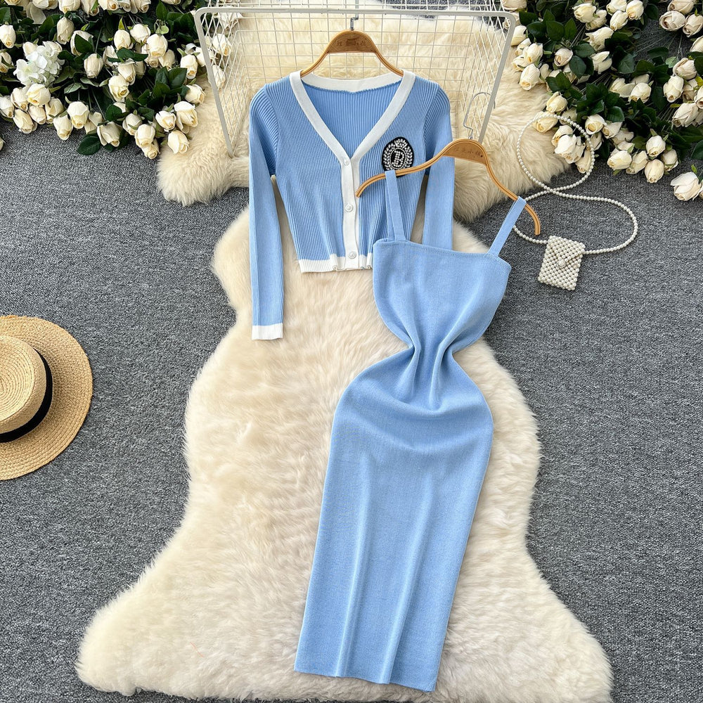 Classy sense v neck diamond-encrusted embroiderlong sleevesknittingcardigan women's winter french stretch tight hip-hugging suspender dress