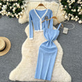 Classy sense v neck diamond-encrusted embroiderlong sleevesknittingcardigan women's winter french stretch tight hip-hugging suspender dress