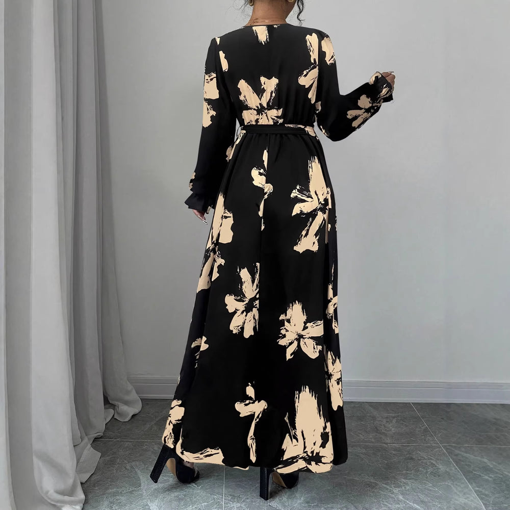 Amazon cross-border wholesale fashionable european and american style women's printed v-neck waist-defining dress