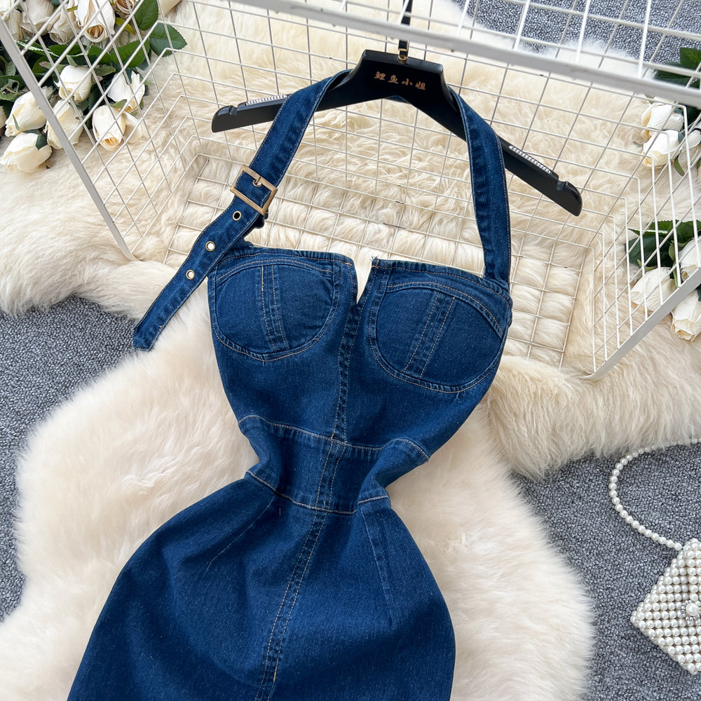 Goddess style sexy halterneck dress women's  summer clever slit waist tube top denim hip skirt
