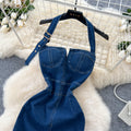 Goddess style sexy halterneck dress women's  summer clever slit waist tube top denim hip skirt