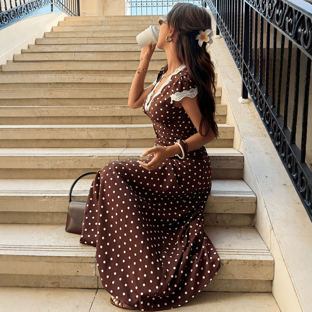 cross-border fashionexportfrenchretro polka dot printingv necklacepatchwork longdress
