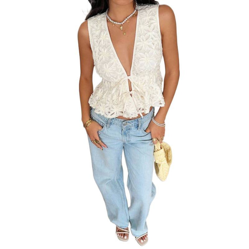 Women's 3d floral v-neck sleeveless ruched waist tie-up ruffle top, perfect for a gentle and chic work-to-weekend look