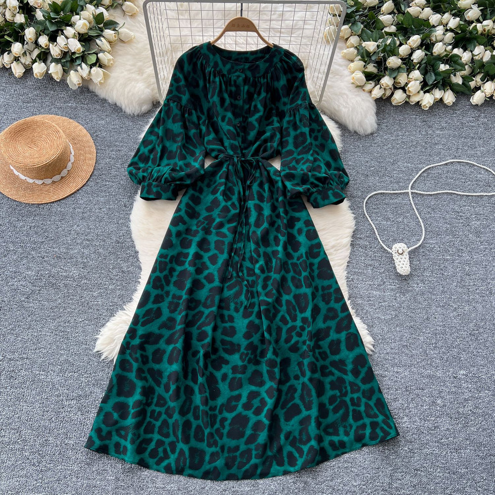 Frenchretroniche styleprintingdress women's autum strap waist round neck lantern sleeve slimming looklong skirt