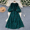 Frenchretroniche styleprintingdress women's autum strap waist round neck lantern sleeve slimming looklong skirt