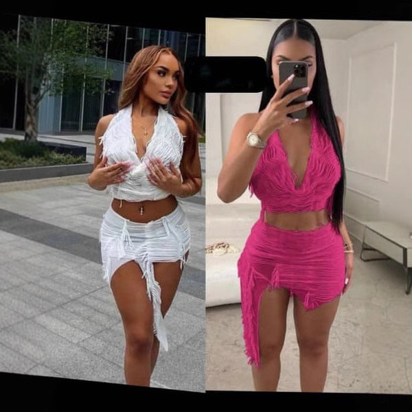 European and American women's clothing   new Spice Girl style solid color neck vest, sexy irregular skirt set