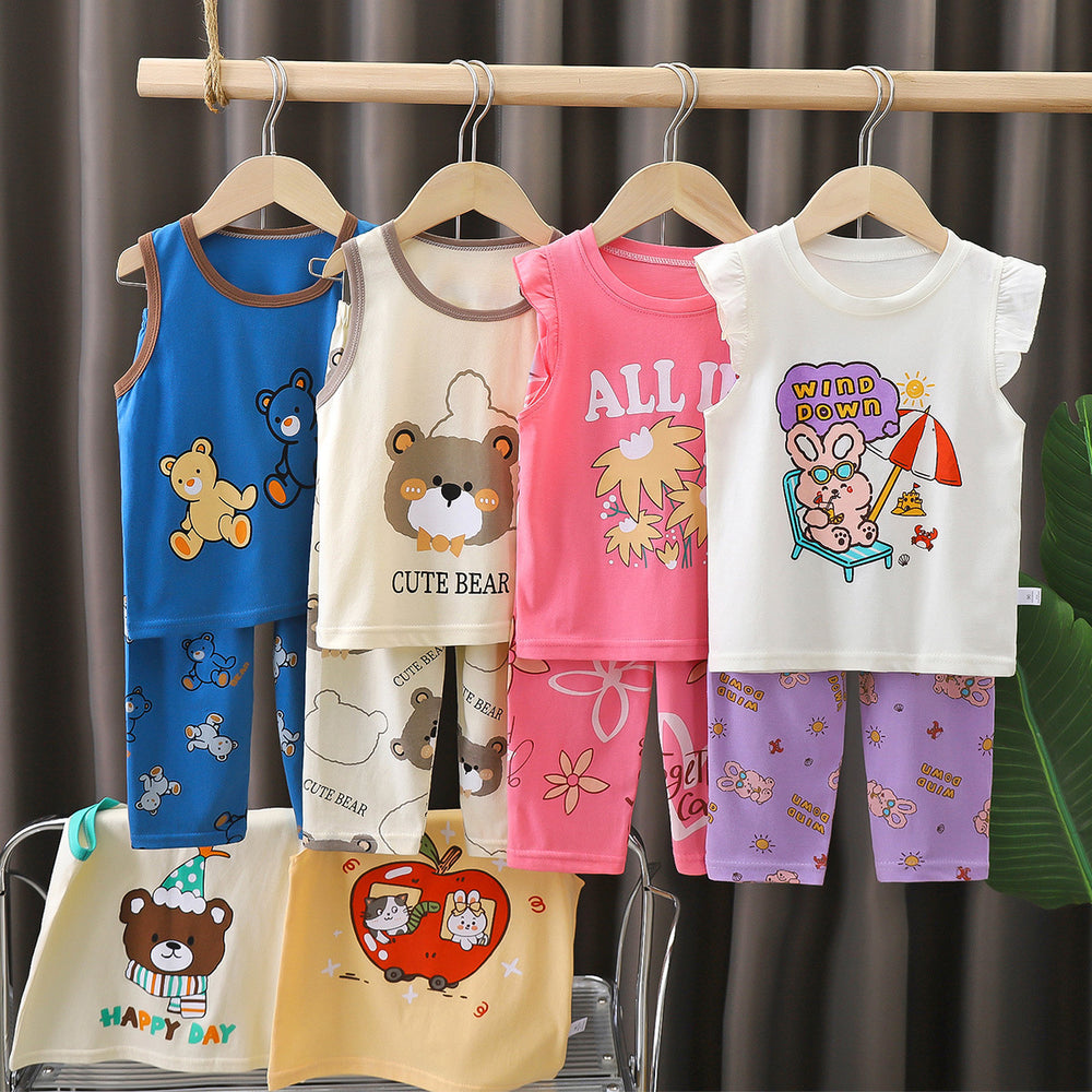 Kids' short-sleeve cotton set: summer t-shirt & pajamas for boys & girls - perfect for home wear and sleepwear