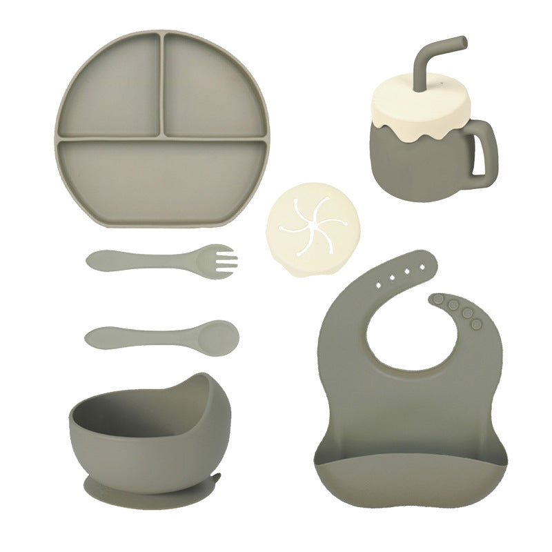 Children's Silicone Plate 7-piece Set Baby Separate Plate Feeding Bib Water Cup Fork Spoon Supplementary Food Bowl Tableware