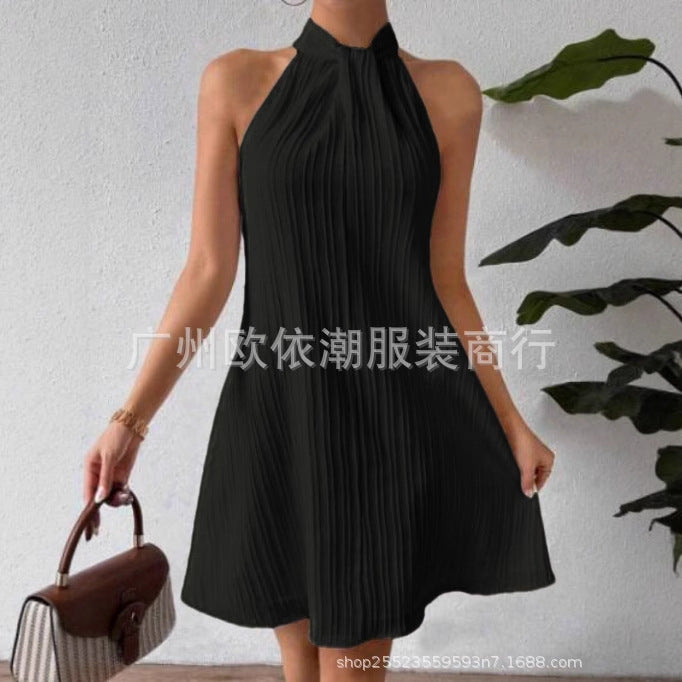 2025 spring and summer new European and American   women's neck dress pleated and drape cross skirt