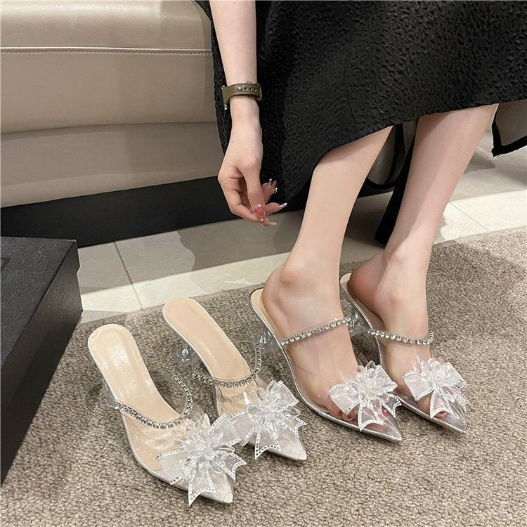 High heels women's fairy style 2023summerfashionoutwear pointed rhinestone square buckle transparent one-piece strap stiletto slippers
