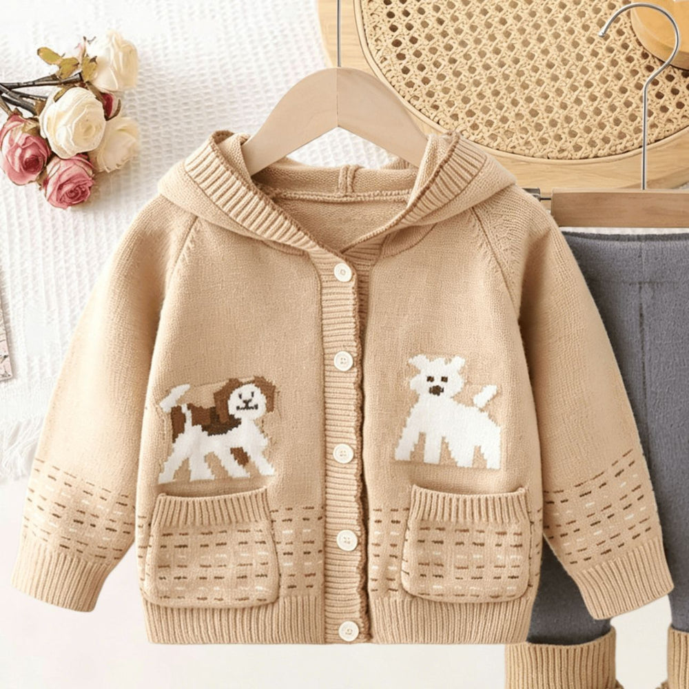Girls' fall/winter new arrival: cute puppy jacquard hooded sweater jacket & loose pink knit two-piece set