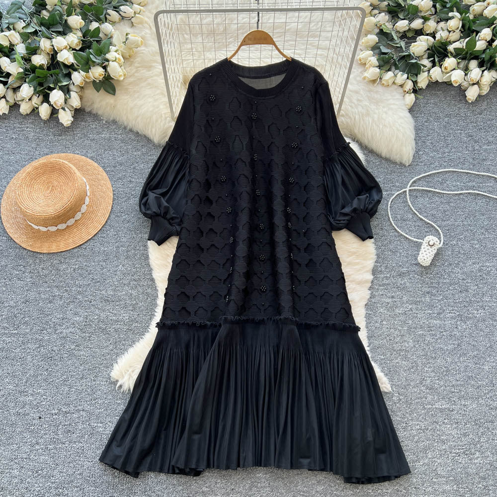 European and american fashion heavy beaded lantern sleeve loose pleated dress women's  autumn casual high-end long dress