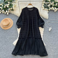 European and american fashion heavy beaded lantern sleeve loose pleated dress women's  autumn casual high-end long dress
