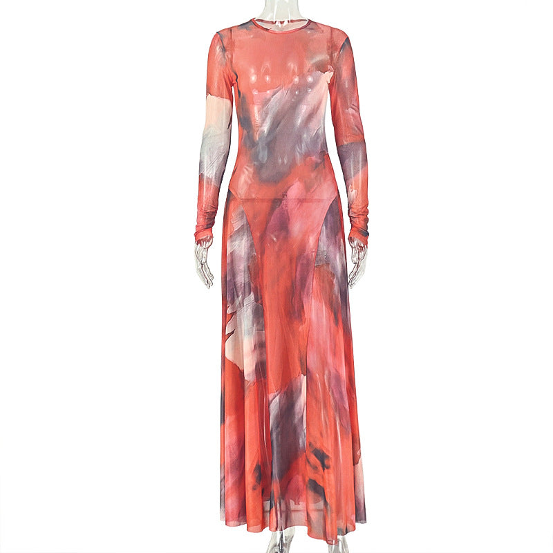 European and american style ins cross-border new spring/autumn women's fitted waist printed soft a-line dress - round neck, long sleeve, breathable dress