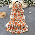 Frenchromantic style lantern sleeve floral dress female autumk-style waist slimming lookruffleselegant cake skirt