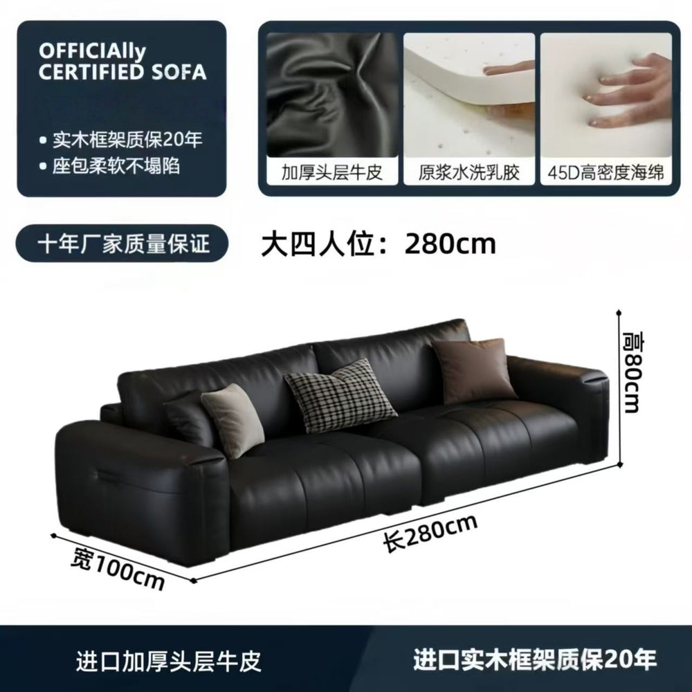Italian minimalist genuine leather sofa, perfect for small apartments. black, top-grain cowhide, straight-row, high-end leather sofa for home living rooms