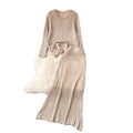 Korean style early spring outfit: effortless knit set for women - designer cutout top & versatile midi skirt two-piece trendy set