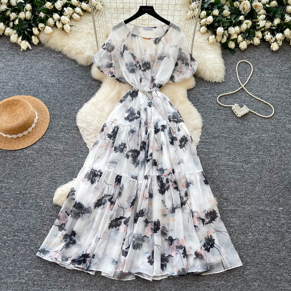 French chic v-neck floral dress - women's summer korean style short sleeve slimming a-line maxi dress - vacation ready