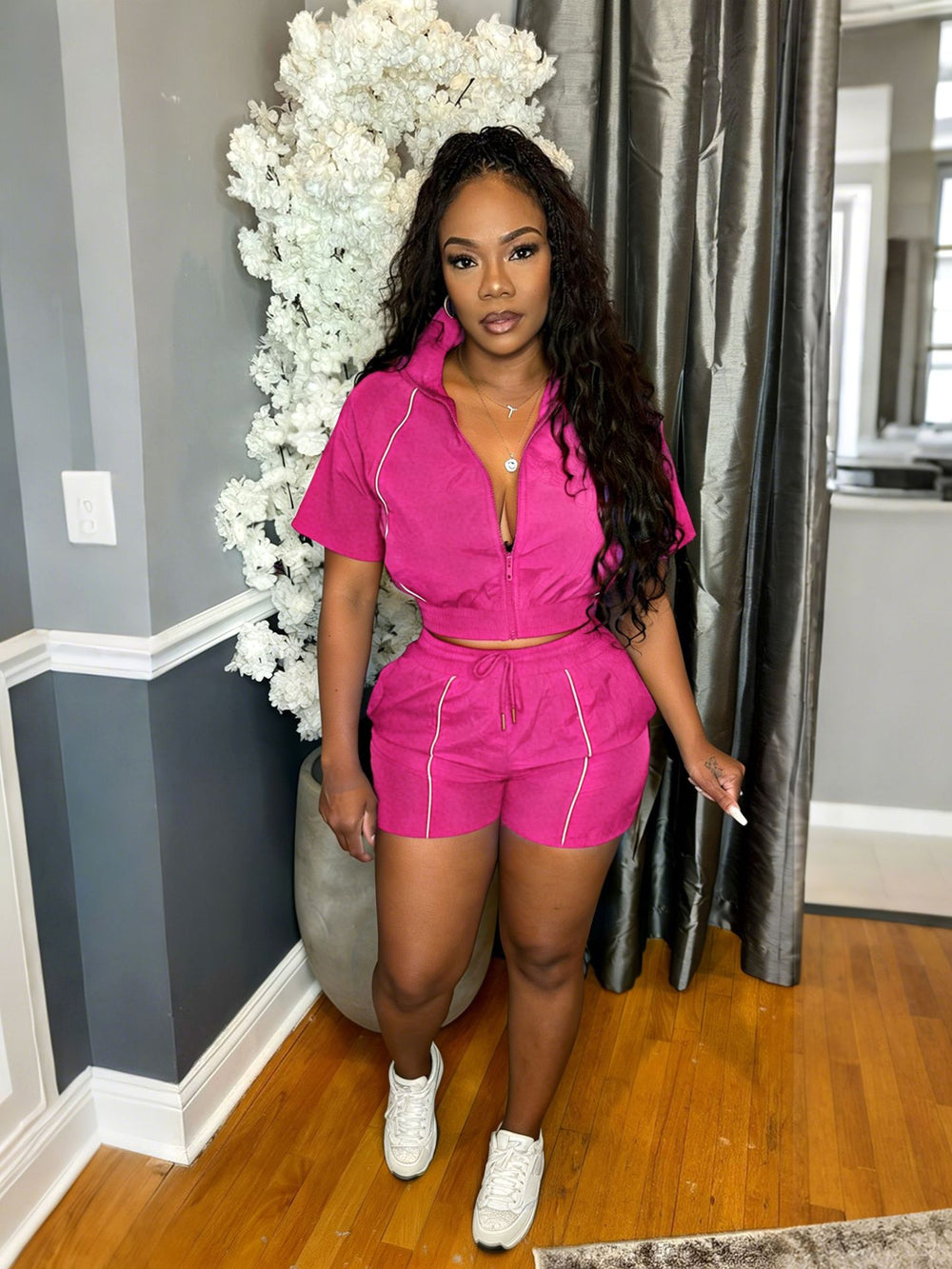 S391521 european and american fashion women's woven color block top and wide-leg elastic waist button-up sport shorts two-piece set
