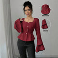 atmosphere burgundy shirt square collar single-breasted ruffle waist contrasting color hemmed large bell sleeves small top