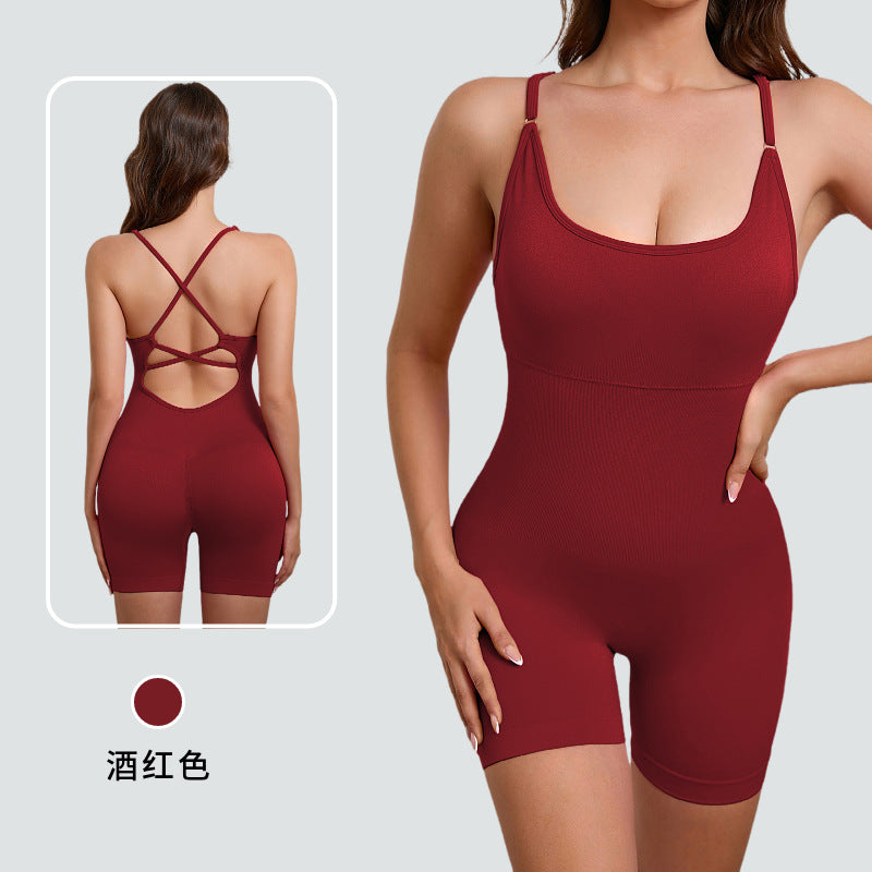 European and american style one-piece yoga bodysuit with removable padded bra, criss-cross back design, breathable, casual, activewear, and shaping bodysuit