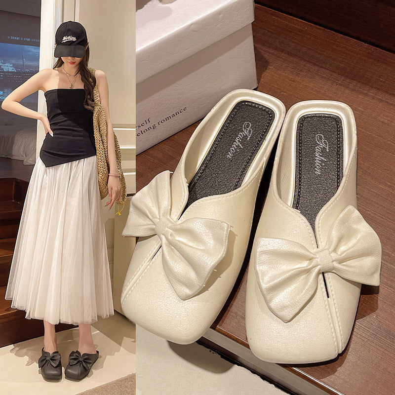2025 new women's closed-toe slippers - summer outdoor wear, bow-embellished fashion sandals, trendy versatile flat half-slippers