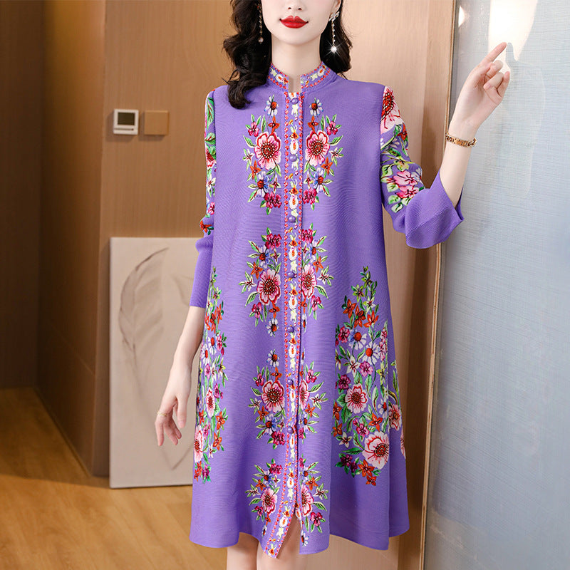 miya pleated autumnew arrivalplus size wide wife looseretroprinting high collar pleated a-line dress