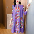 miya pleated autumnew arrivalplus size wide wife looseretroprinting high collar pleated a-line dress