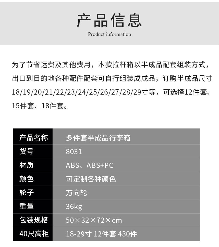 Manufacturer wholesale work in progress 15-piece suitcase suitcase universal wheel trolley case abs material zipper bag