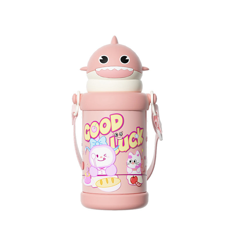 New arrivalwintercute little shark straw cup with strap portable stainless steel thermos cup outdoor sturdy and fall-resistant kids