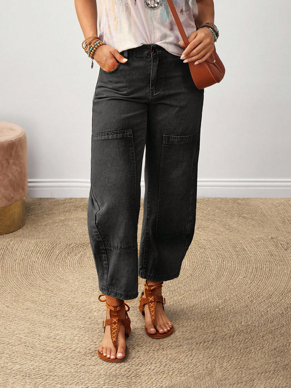 European and american cross-border casual patchwork denim jeans - women's washed loose straight-leg wide-leg pants