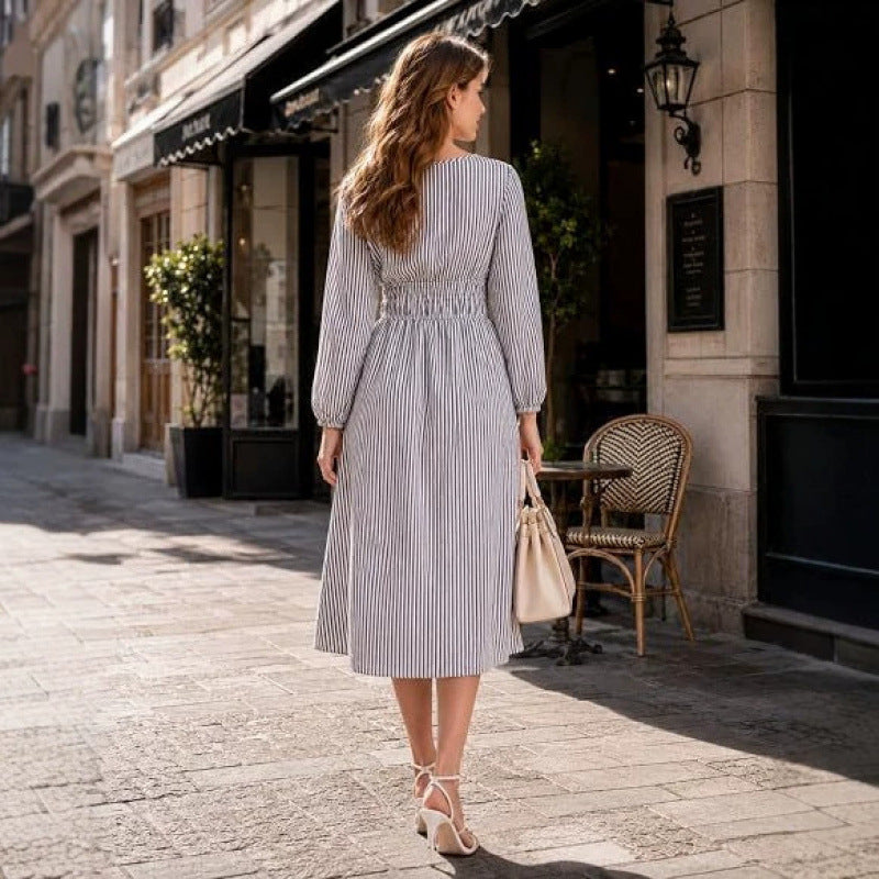 hot girl style  autumn casual flowy striped v-neck midi a-line dress