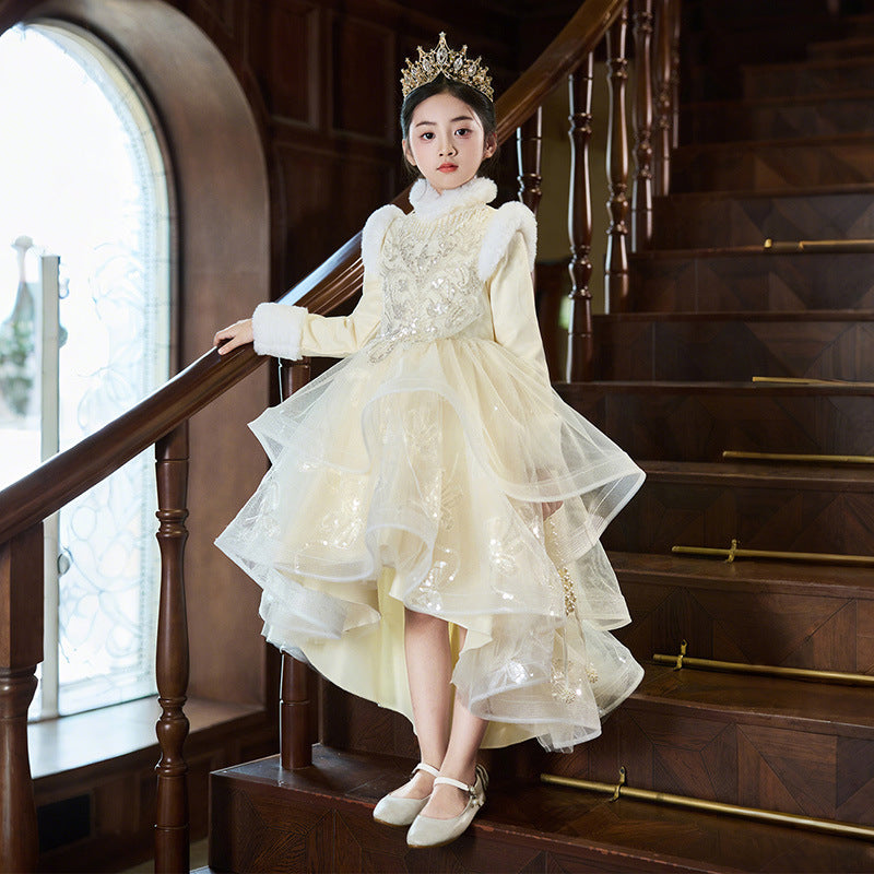 Girls' winter formal dresses  new collection: thickened train gowns, flower girl wedding dresses, banquet dresses, birthday princess dresses for girls
