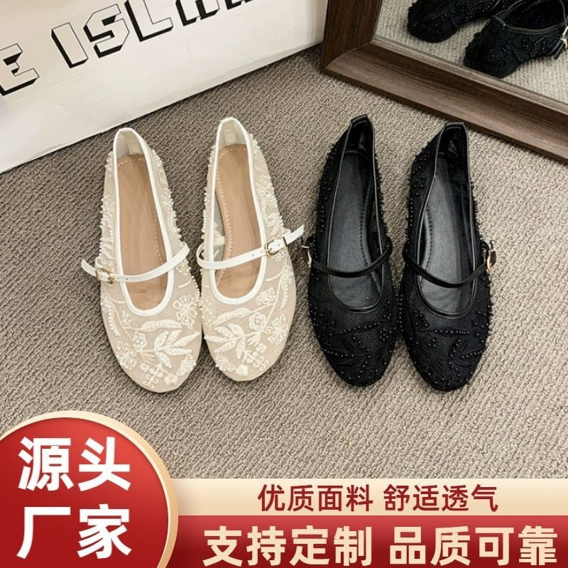 embroidered pearl loafers - women's soft leather breathable casual flats - retro chinese style flat heel plus size mesh shoes